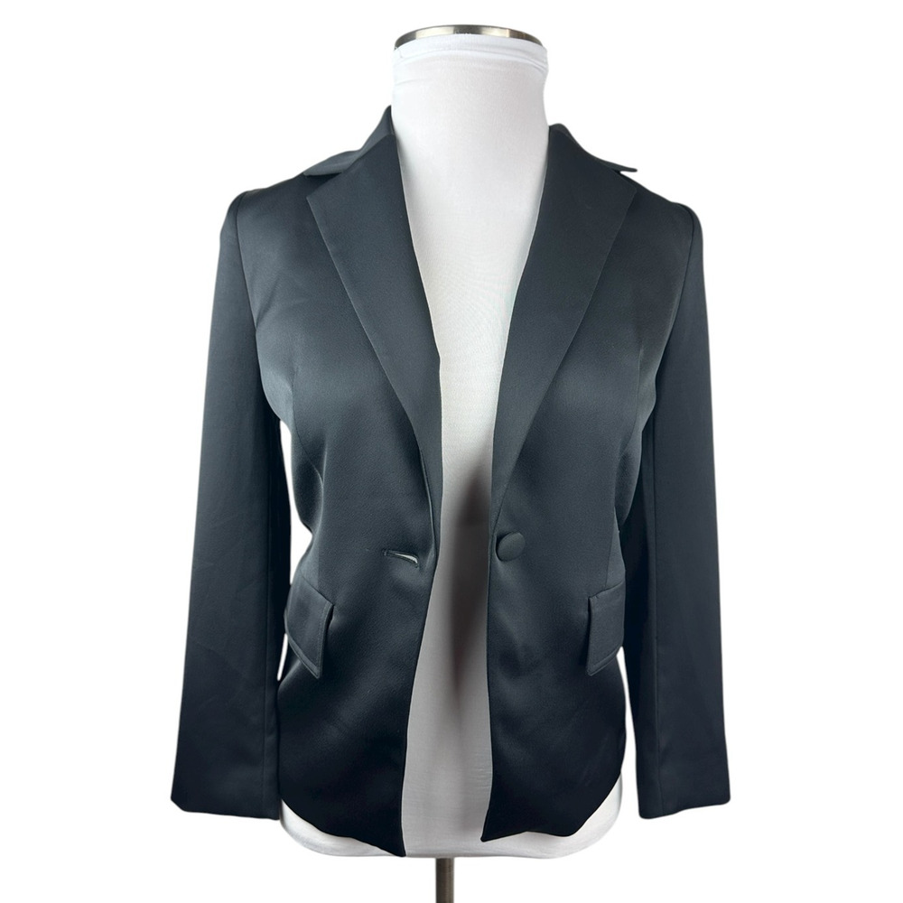 Black Label by Chico's Suit Separate One-Button Blazer Jacket Black Sleek Size 4 - Picture 3 of 9